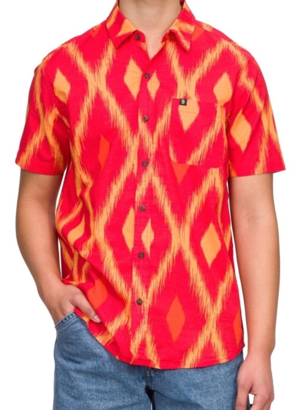 Junk Food Clothing XXL Red Orange Ikat Diamond Print Short Sleeve Button Down